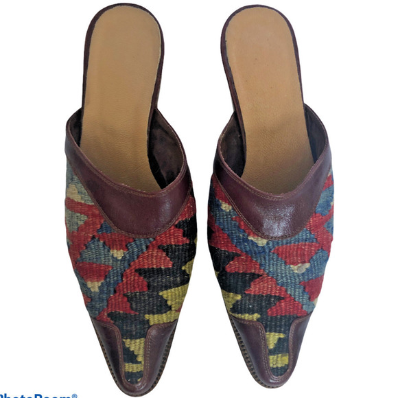 Kilim Art 100% Red Blue Aztec Wool Tapestry & Leather Slide Mule Shoes Women's 6 - Picture 3 of 7